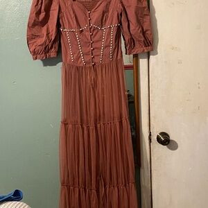 Elegant Rust Maxi Dress with Puff Sleeves